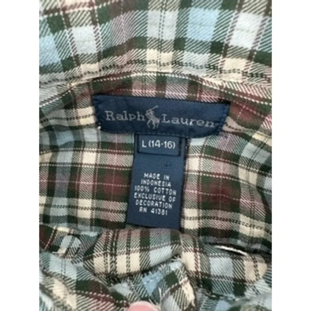 Ralph Lauren Plaid Button Down Shirt‎ Kids Long Sleeve Brown Blue White L(14-16)